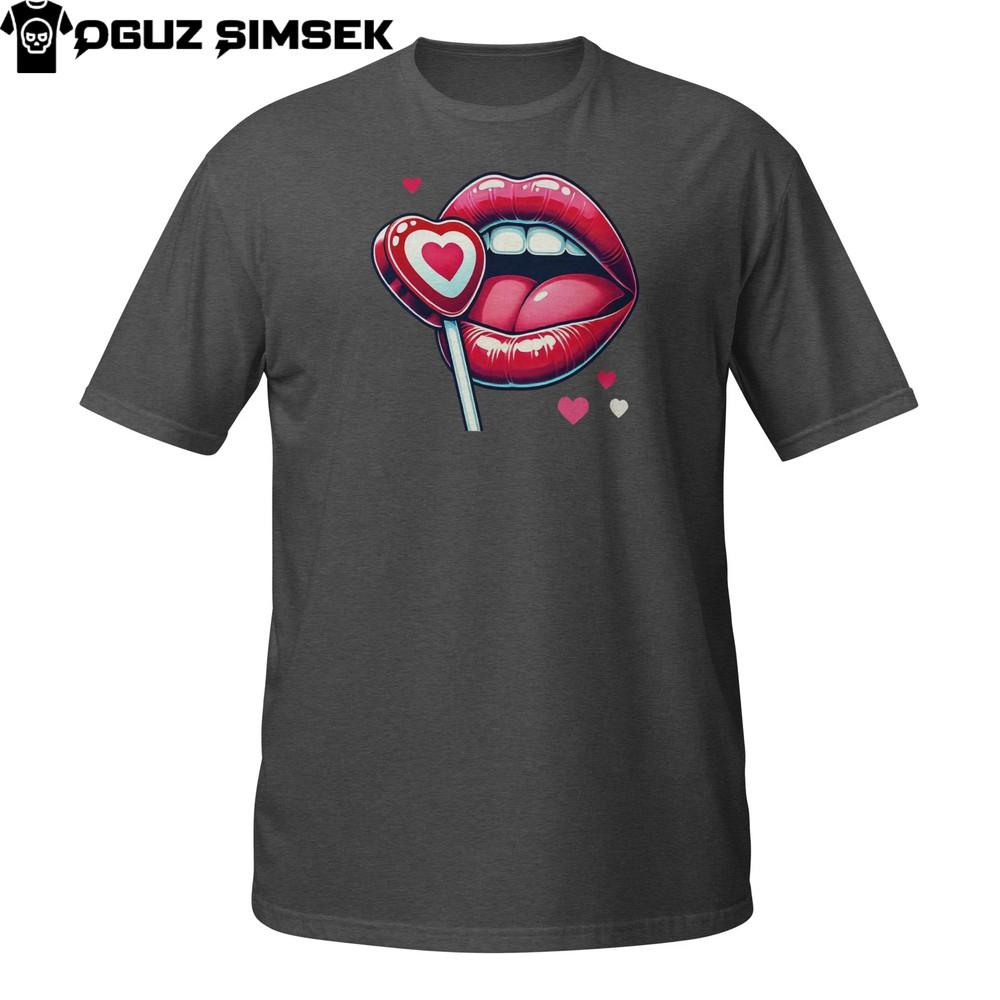 

Valentine s Day Candy Lips T-Shirt – Cute Pink Mouth and Heart Lollipop L