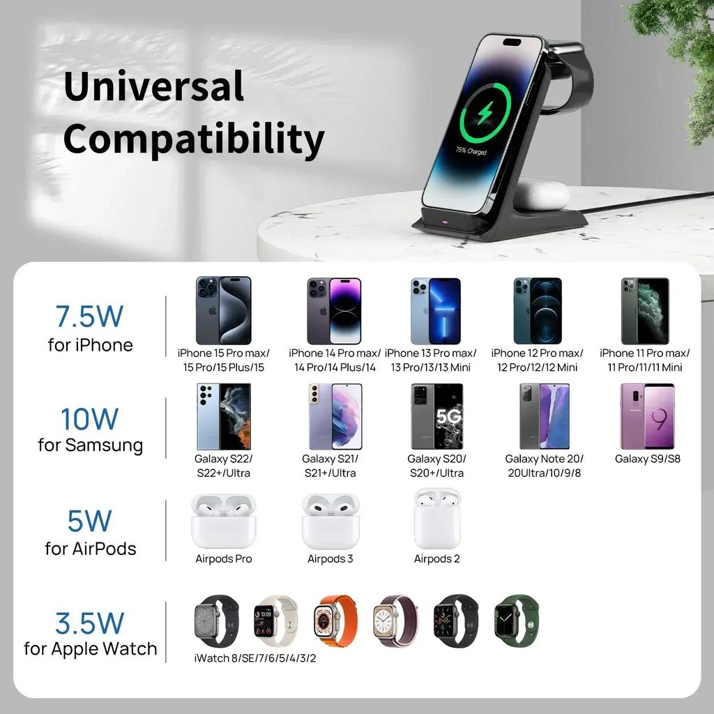 3 In 1 Wireless Charger Stand Fast Charging Station Dock For iPhone 16/15/14/13 Pro Max  iWatch 9/8/7/6/5 Airpods 3/2