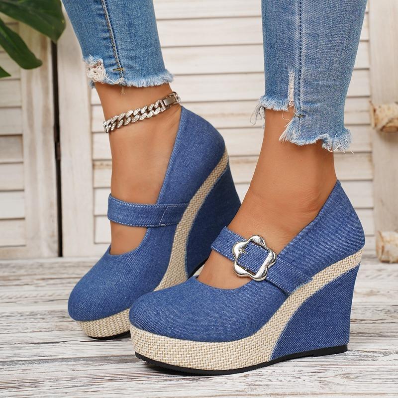 Women's Wide Width Buckle Strap Wedge Flats - Solid Color Slip-On Casual Shoes for Spring/Fall, Low-Cut European Style Pumps