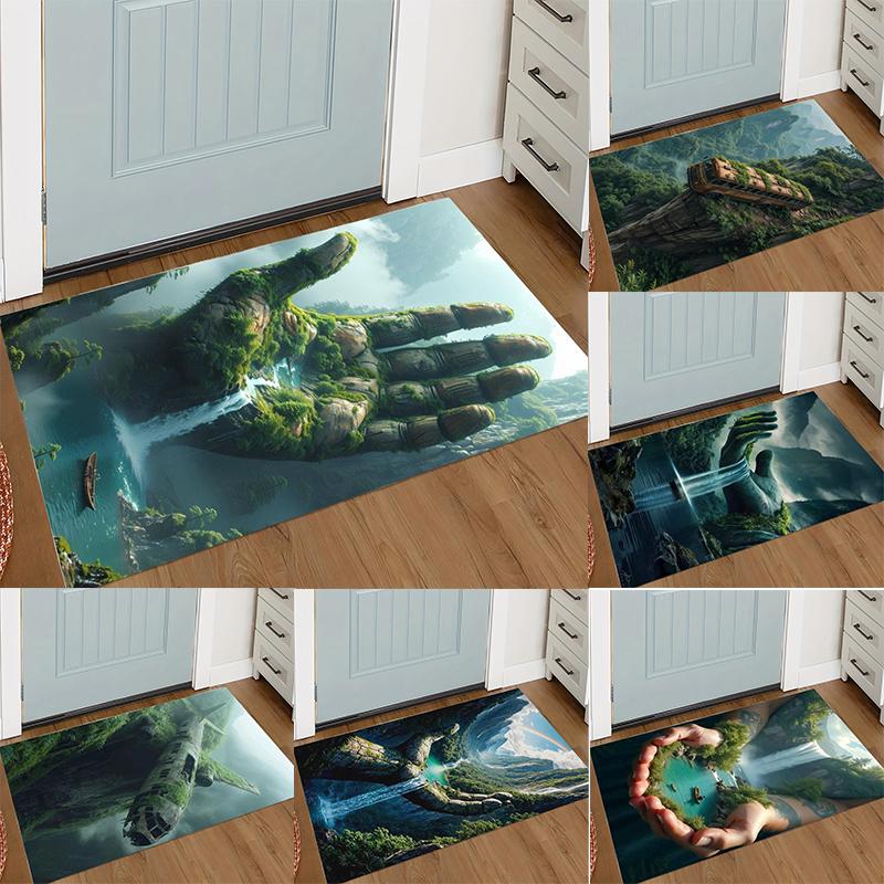 Vintage Wrecked Vehicle and Magical Landscape Pattern Door Mat 3D Visual Effect with Airplane Bus and Giant Hand Designs