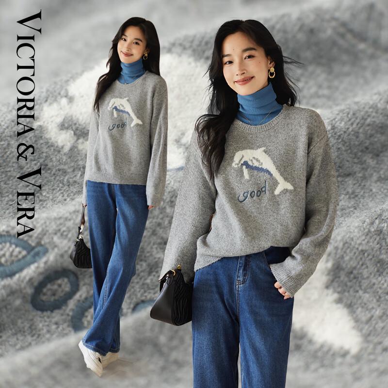 

VICTORIA&VERA Женский мягкий трикотажный свитер с длинным рукавом и жаккардовым узором с дельфинами L