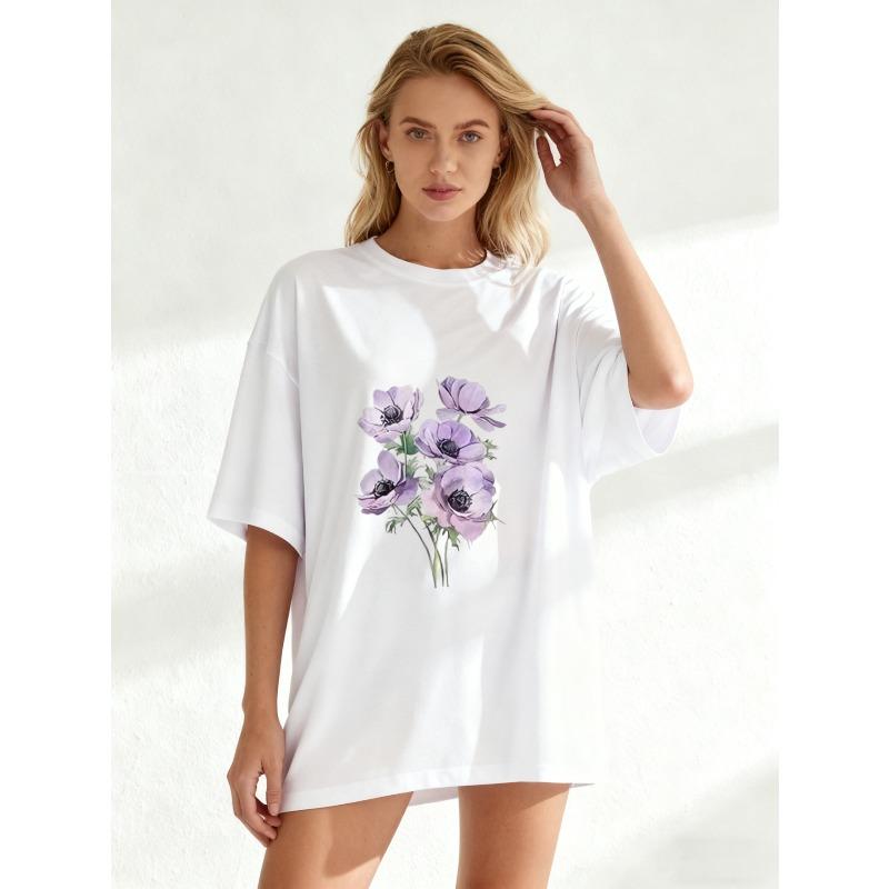 Oversized T Shirt Black Purple Flowers Print Casual Wear For Women Summer Outfit Street Style Fashion Top