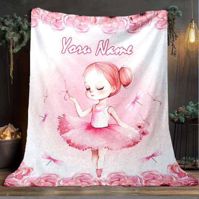 1PC Custom Name Pink Roses Ballerina Theme Outdooor Flannel Blankets Patterns Throw Blanket All-Season Soft Gift for Couch, Bed, Camping Gifts