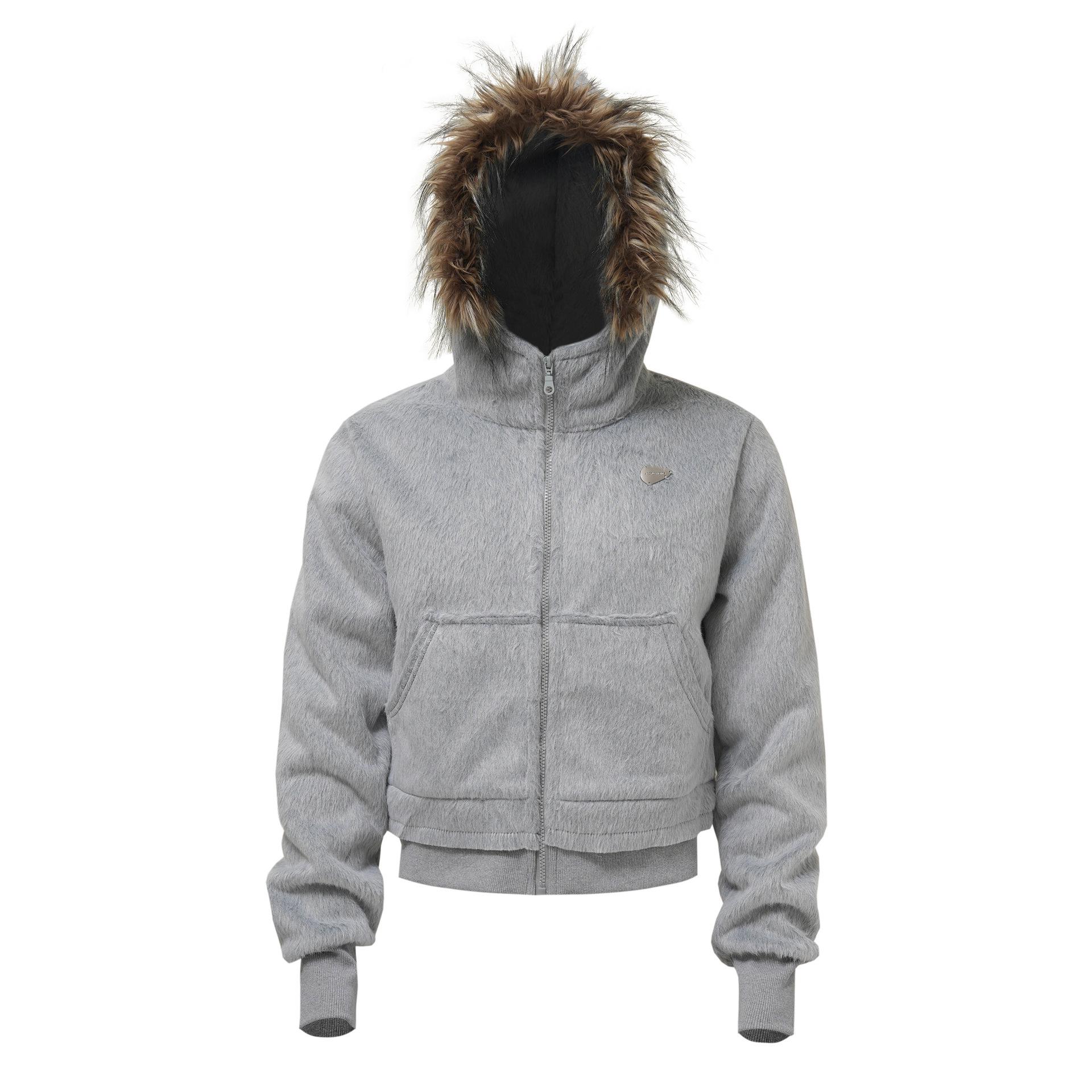 American Retro Embroidered Hoodie with Faux Mink Fur Collar