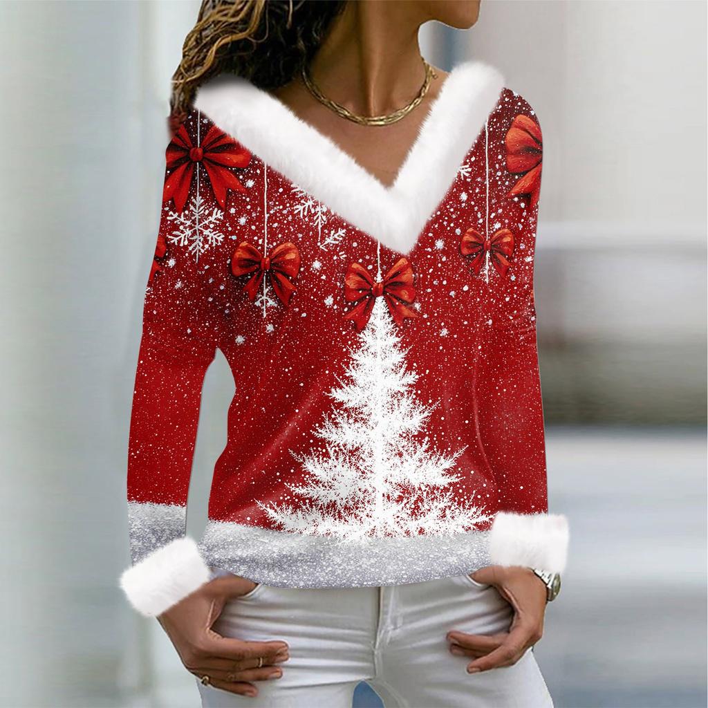 Tricou de damă Tricou Cămașă de Crăciun Cu mânecă lungă Petrecere cu imprimeu de Crăciun Top cu decolteu în V