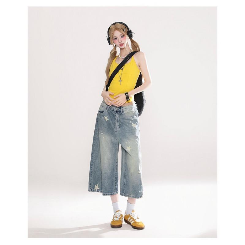Women American Retro Distressed Star Print Loose Denim Cropped Pants