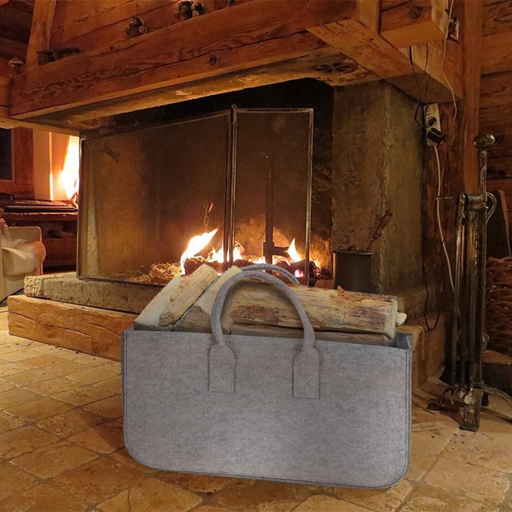 Firewood Log Carrier Tote Bag, HomeYoo Felt Foldable Firewood Holder Basket, Large Capacity Fireplace Wood Stove Accessories with Handle (Grey)