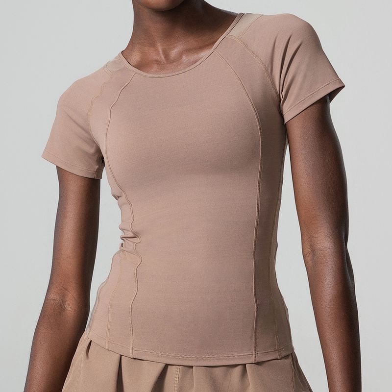 

Quick-Drying Small Waist Sports Tops Women s Thin Yoga Wear Short-Sleeved T-shirt Breathable Mesh Patchwork Beauty Back Workout Clothes Milk tea color S