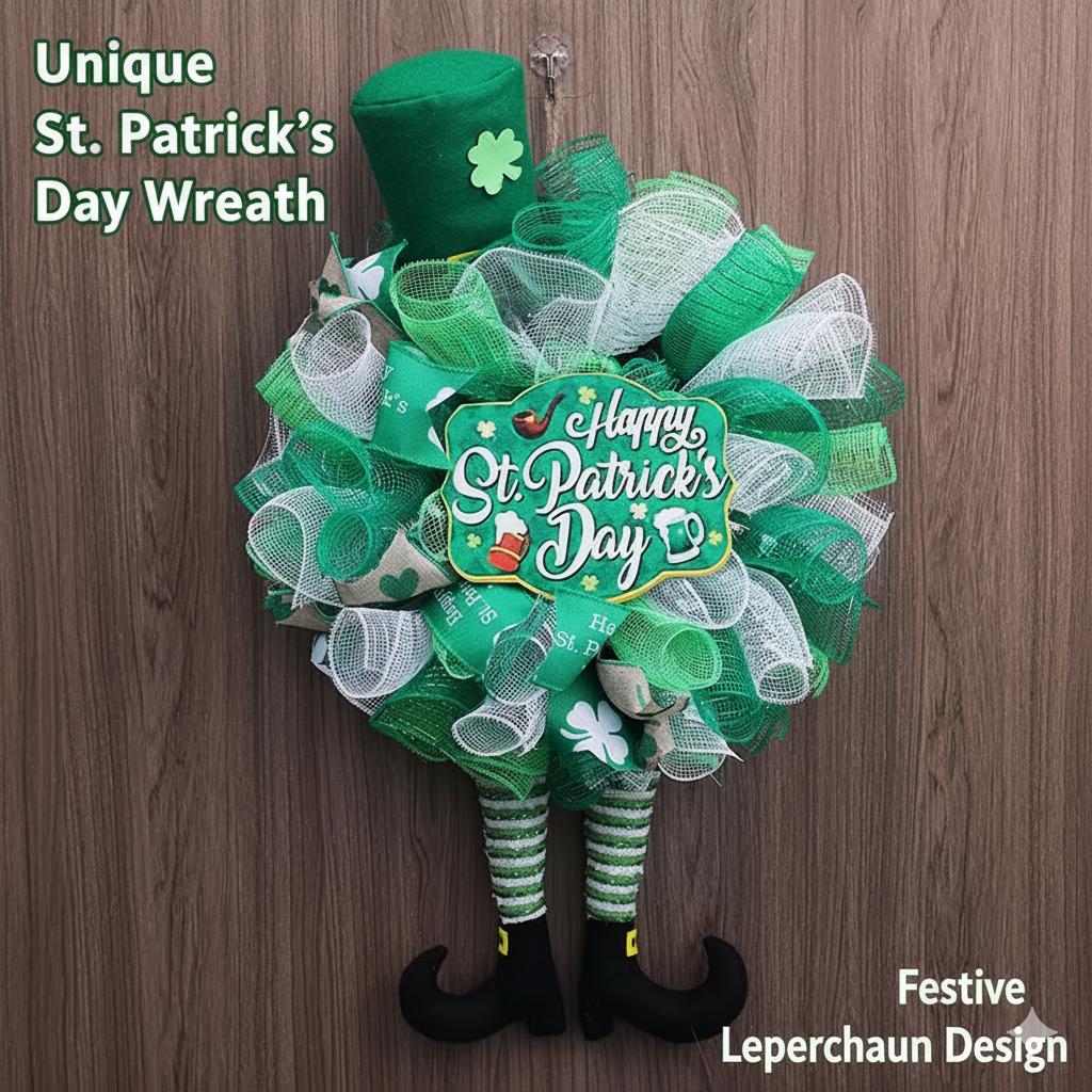 Irish Festival StPatrick Day Wreath Shamrock Leprechaun Decor Front Door Hanging Wreath for Home Wall Party Holiday Decor