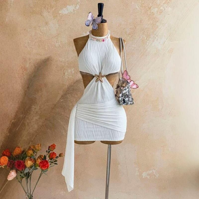 Summer Sexy High Neck Halter Mini Dress Starfish Decor Cut Out Waist Ruched Draped Tie Bodycon Vacation Beach Party Short Dress for Date Night Wear