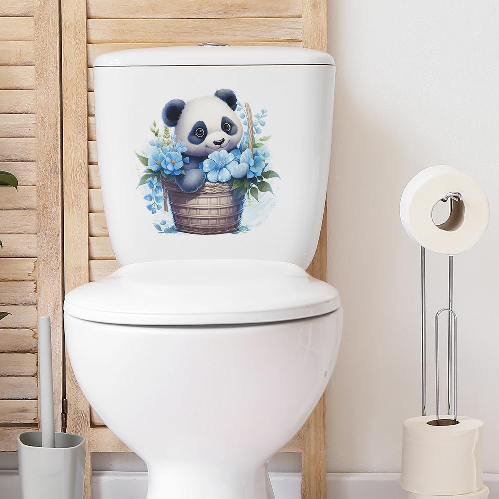 Playful Panda with Flower Basket Toilet and Wall Sticker Set Waterproof Self-Adhesive Removable Decal for Bathroom WC Home Decor