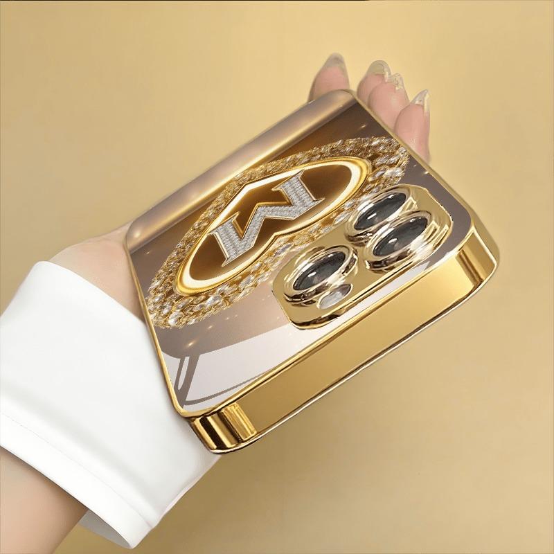 Sparkling Heart Letter M Pattern Metallic Paint Glass Phone Case For iPhone 17 16 15 14 13 12 11 Pro Max Plus 17 Air 16E Cover