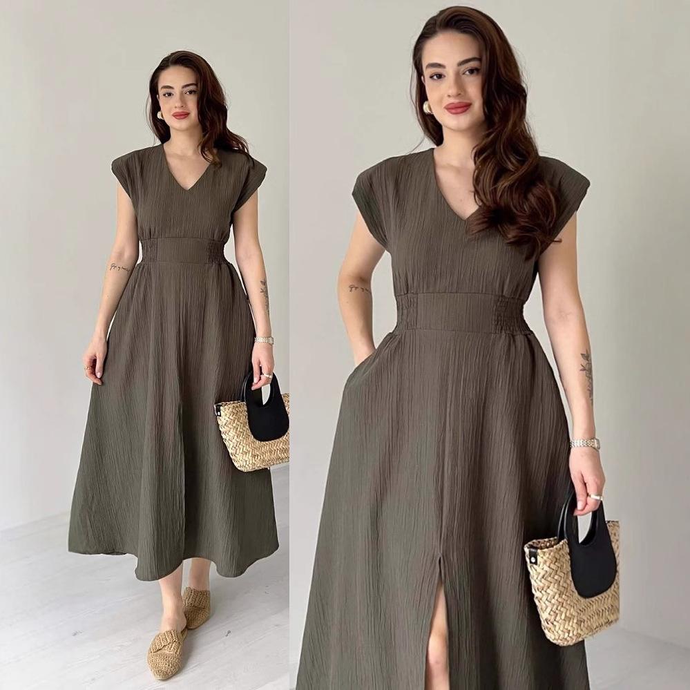 2025 Summer Women s Fashion: High-Waisted Slim Fit Imitation Linen Slit Dress Extra Small оливковое зеленый