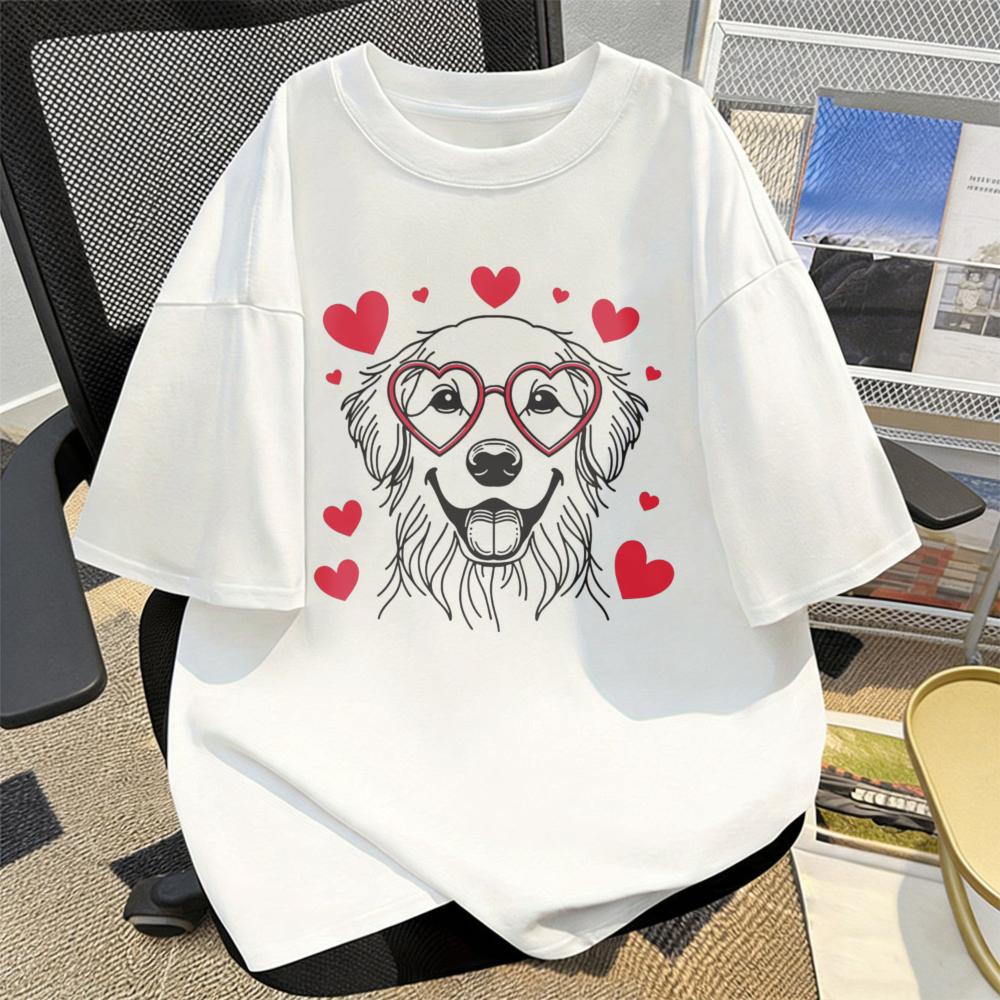 Heart Glasses Golden Retriever Graphic Tee Cute Dog Red Love Heart Unisex Streetwear Shirt Valentines Day Gift Funny Cotton Tee