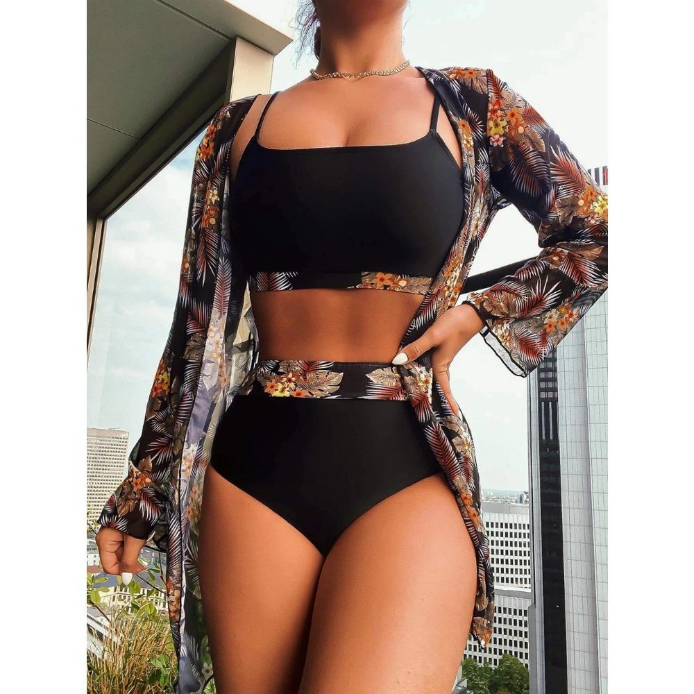 Women Bikini 3 Pieces Suit Black/Green/Red Bikini Sets with Long Sleeved Cover Ups High Quality Size Small-XXLarge