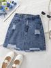 Single-piece girls' denim skirt, casual, classic, retro, stylish, distressed, frayed edges, snowflake wash, blue.