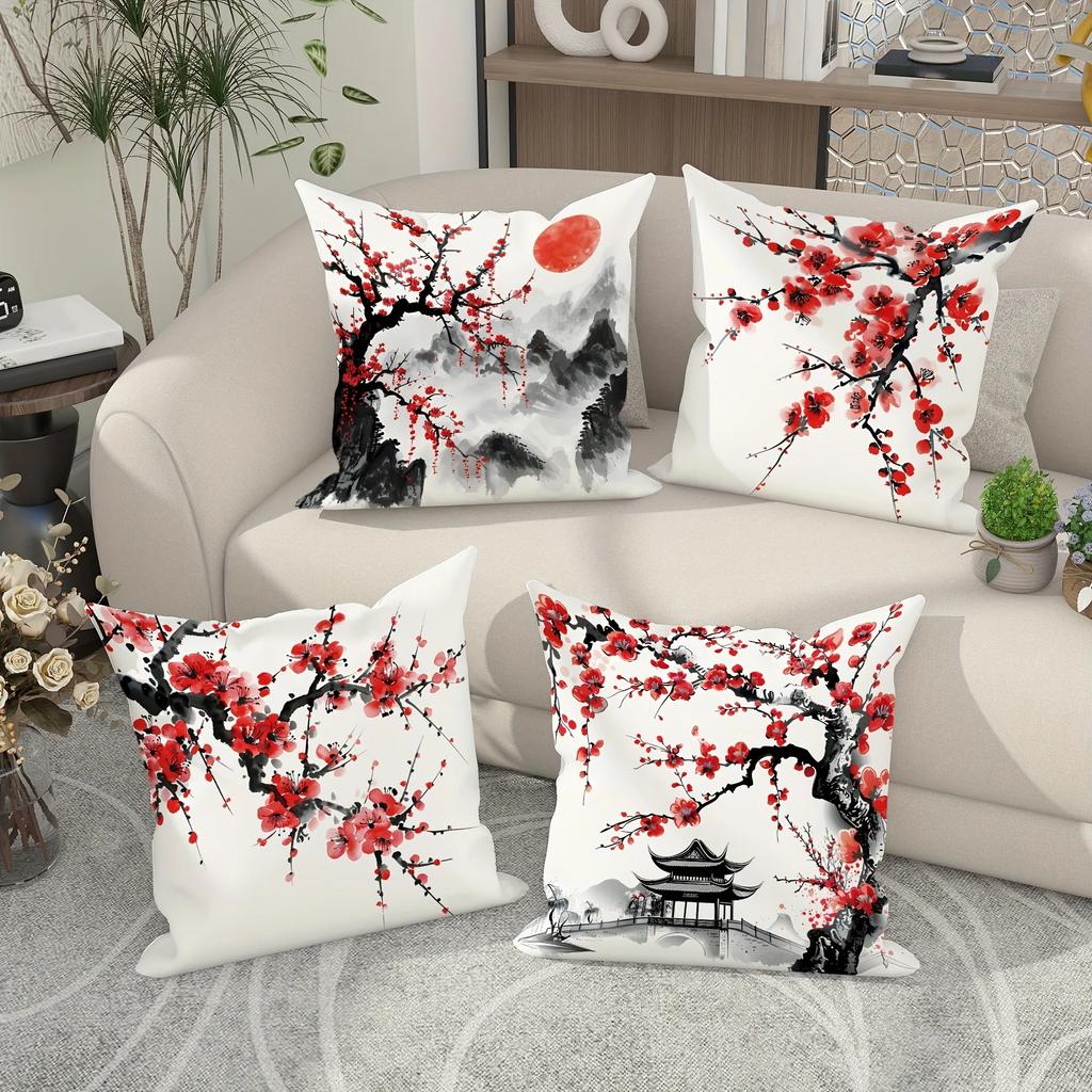 Ancient Style Plum Blossom Decorative Pillowcase, Ultra-soft Polyester Material Living Room Sofa Backrest Car Pillowcase
