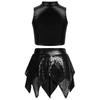 Sparkly Sequins Asymmetric Skirt with Sleeveless Metallic Crop Top Mock Neck for Girls Jazz Dance Competition Show