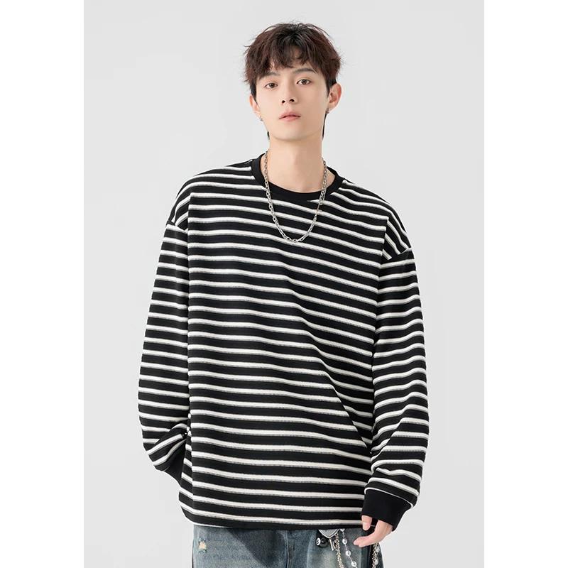 2026 Spring Men Striped Sweashirt Mens O-Neck T-Shirt Men Long Sleeve Base Shirt Male Vintage Tops Tees Unisex Pullover