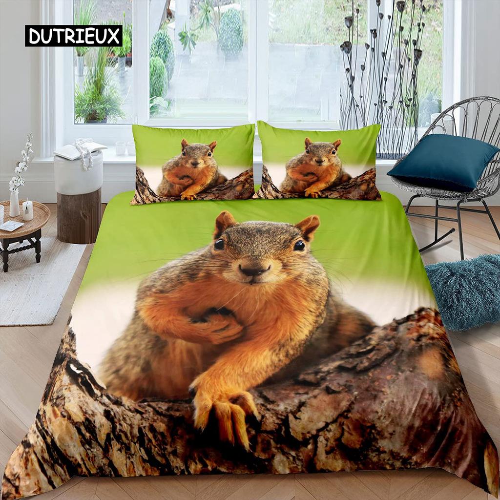 Squirrel Duvet Cover Set Cute Squirrel Twin Bedding Set 3D Animal Comforter Cover Nature Theme King Size Polyester Quilt Cover