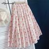 Prairie Chic Spring Summer Women Romantic Skirt Elastic Waist Floral Print Delicate Skirt Hollow Out Embroidery Cotton Skirt