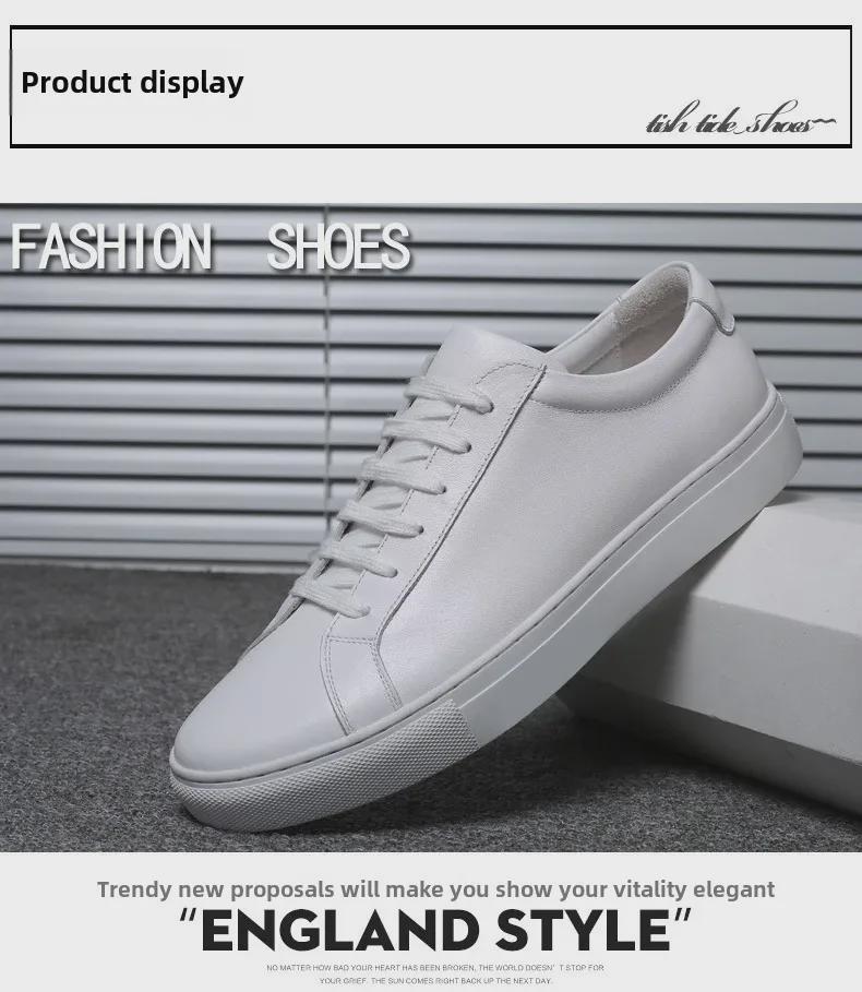 Męskie Białe Sneakersy ze Skóry Naturalnej w Stylu Europejskim - Modne, na Grubej Podeszwie, Casualowe Buty