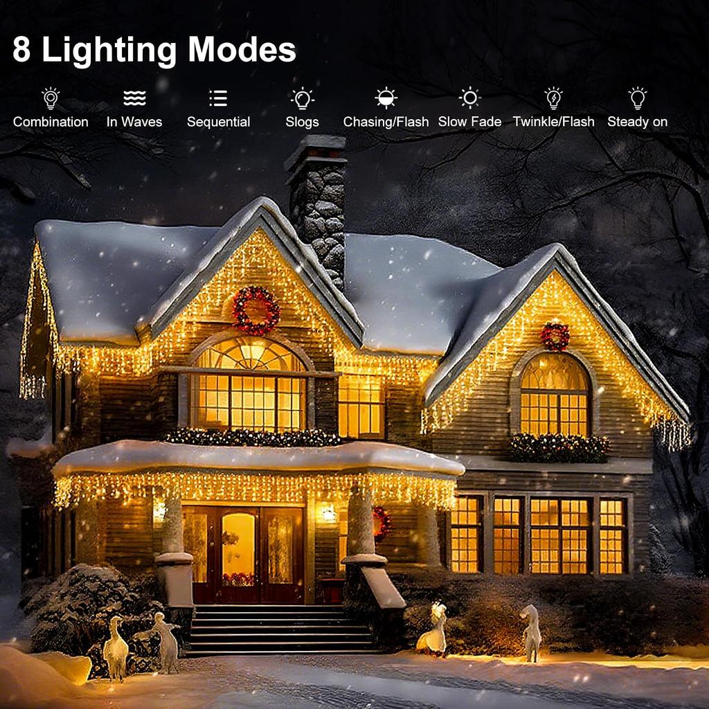 LED Icicle Lights for Outdoor Christmas Decorations,118Ft 1200 LEDs Christmas Fairy Light with Timer&Memory Function,8 Lighting Modes,Plug in hanging
