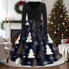 Women's Casual Vintage V-Neck Long Sleeve Dress with Christmas Print