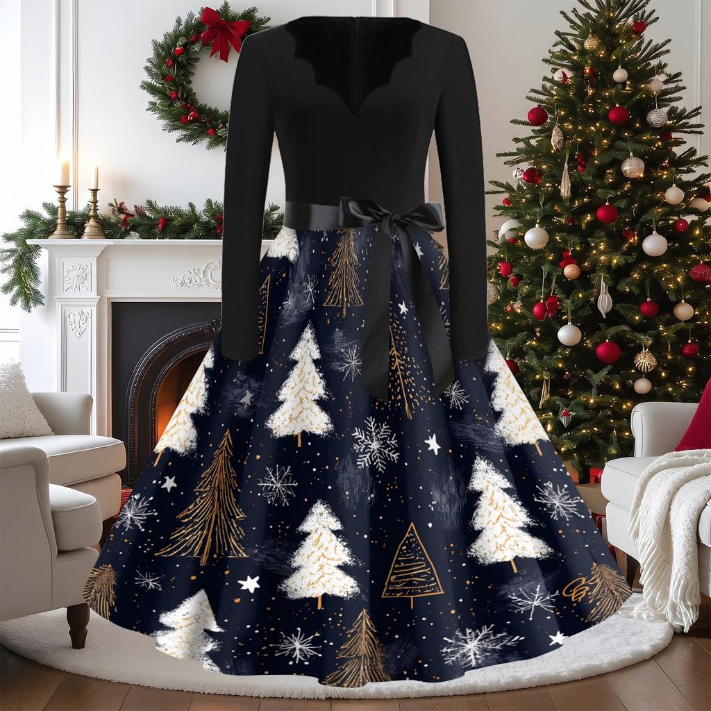 Women's Casual Vintage V-Neck Long Sleeve Dress with Christmas Print