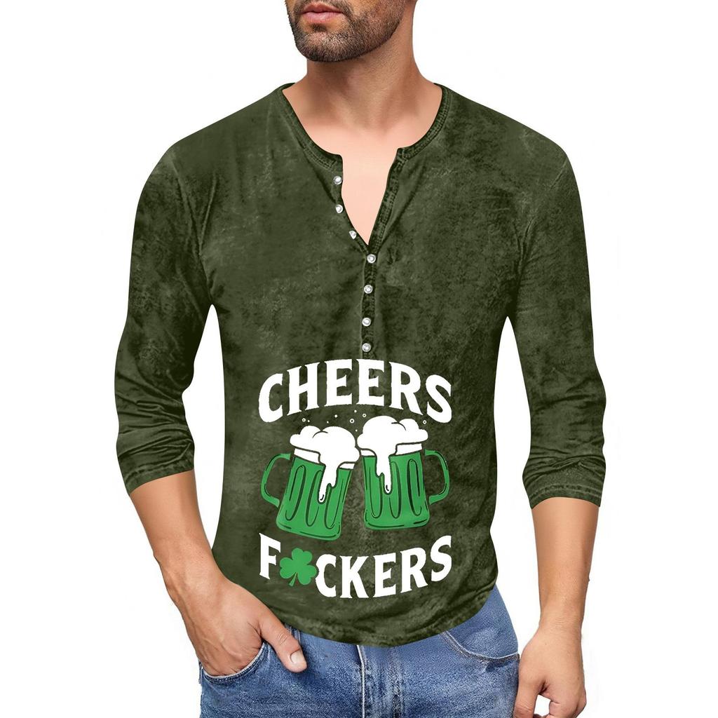 Men'S Printed T-Shirt Outdoor Retro Button Loose Long Sleeve Top