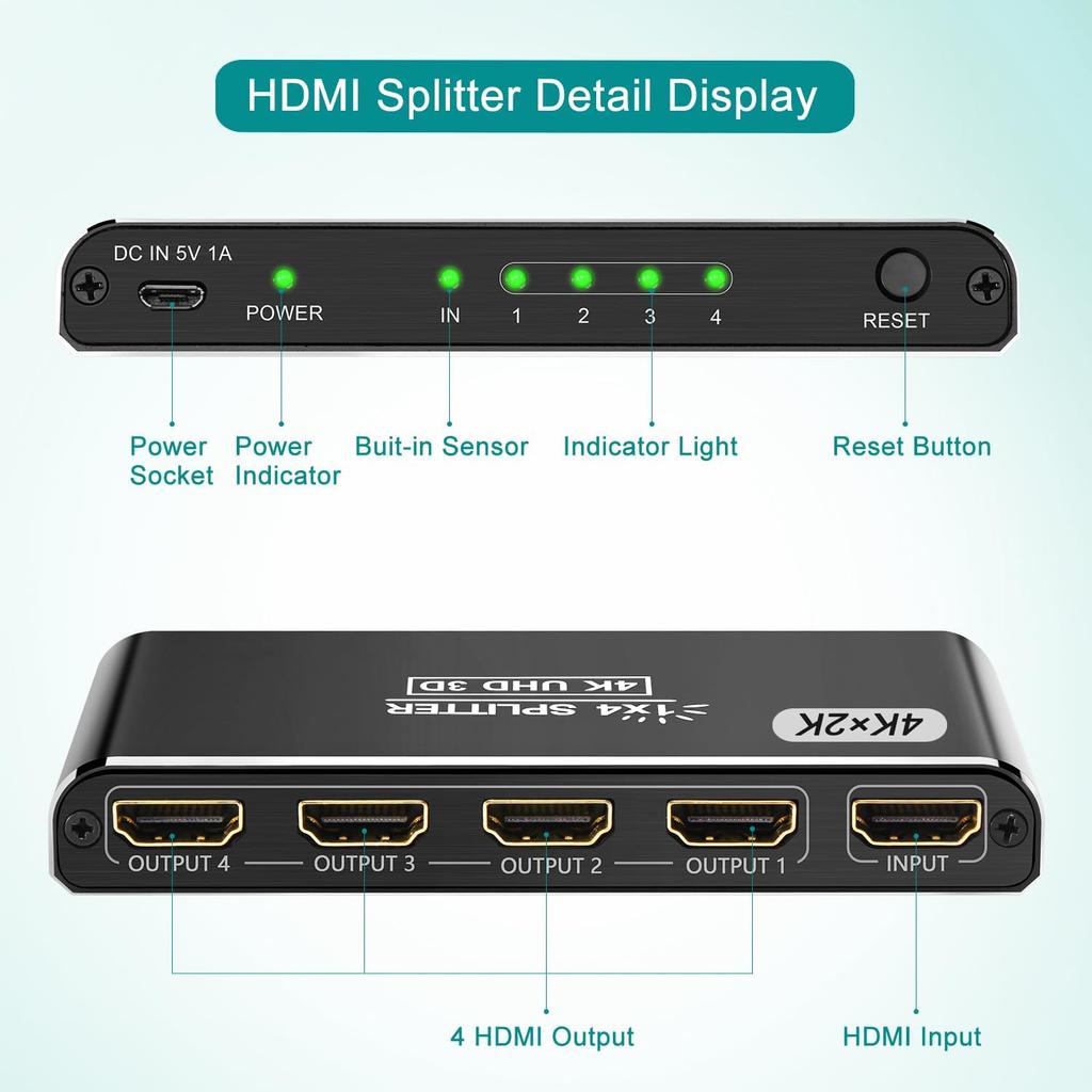 HDMI Splitter, 4K HDMI Splitters 1 In 4 Out for Dual Monitors Supports 3D Full HD 1080P Aluminum Compatible for PS4 Fire Stick HDTV(1 Source To 4