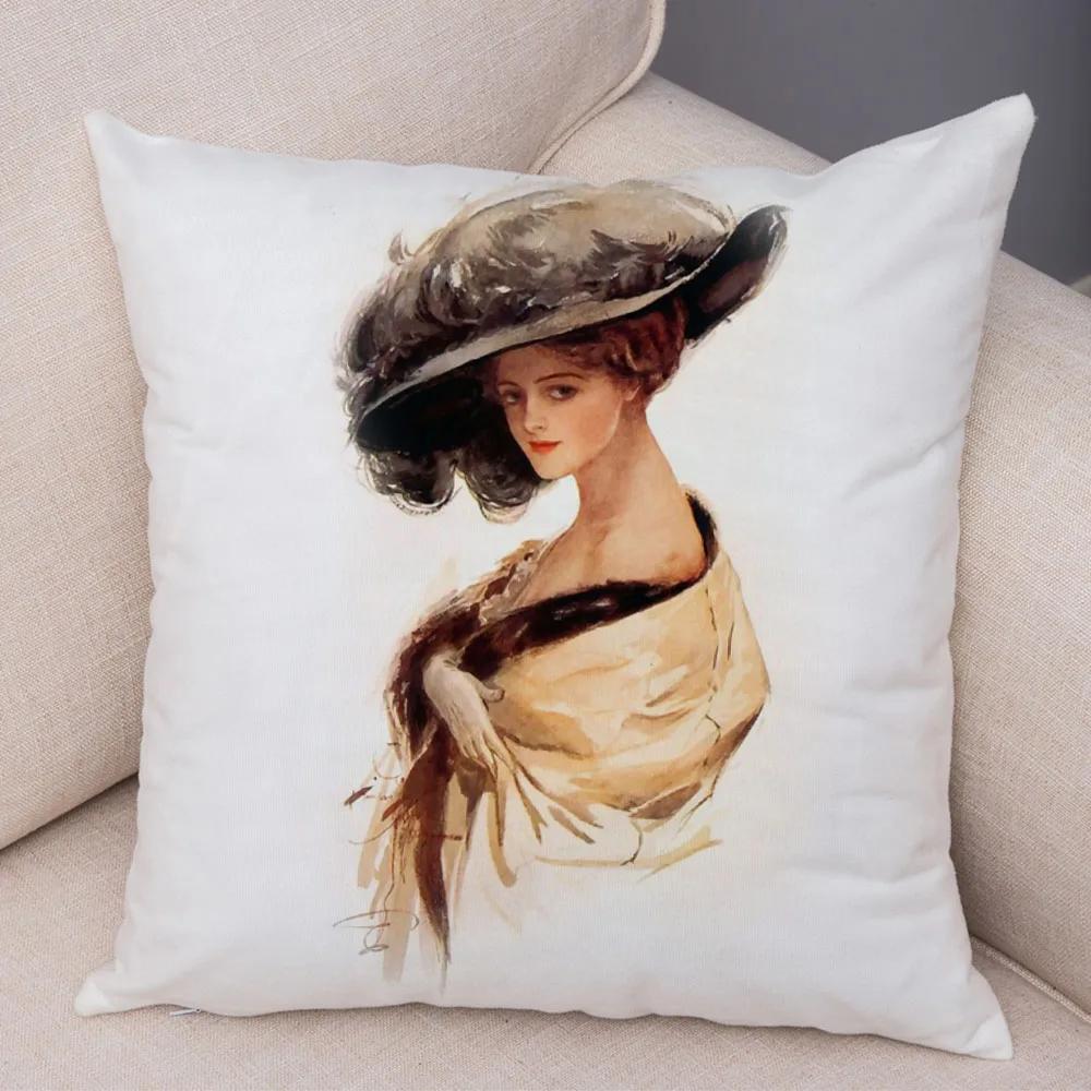 

European Lady Cushion Cover Decor Vintage Style Elegant Women Print Pillowcase for Sofa Home Car Soft Plush Pillow Case 45x45cm 40x40cm 16x16in