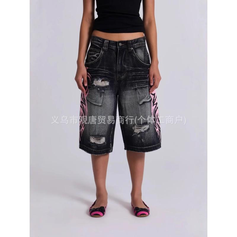 Vintage Print Wide Leg Denim Pants High Waist Loose Fit Streetwear Unisex Long Trousers