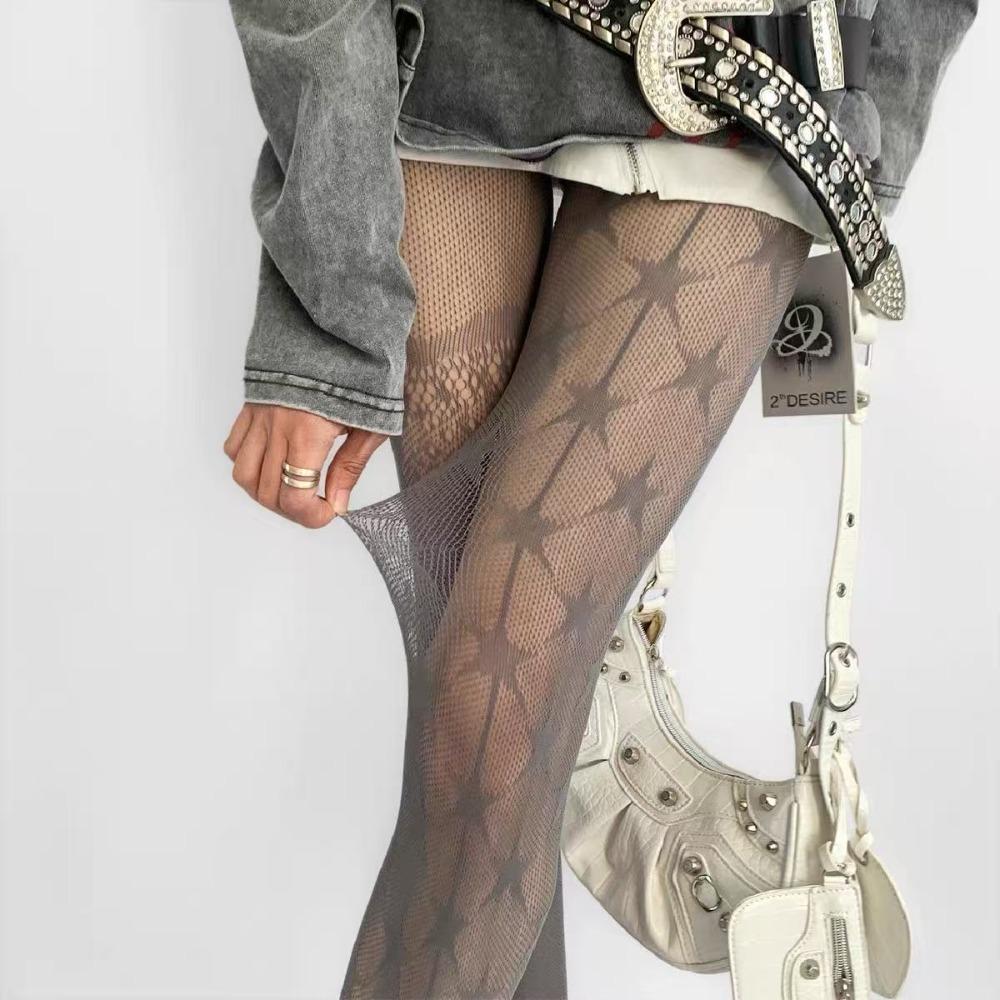 

Ultra-thin Female Sexy Silk Stockings Five-pointed Star Print Mesh Pantyhose Forr Girl Women сірий