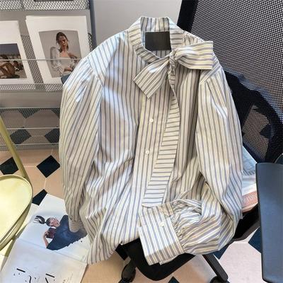 Women's French Bow Tied Striped Shirts Autumn New Loose Shirt Tops Fashionable Chic Long Sleeved Clothing for Female