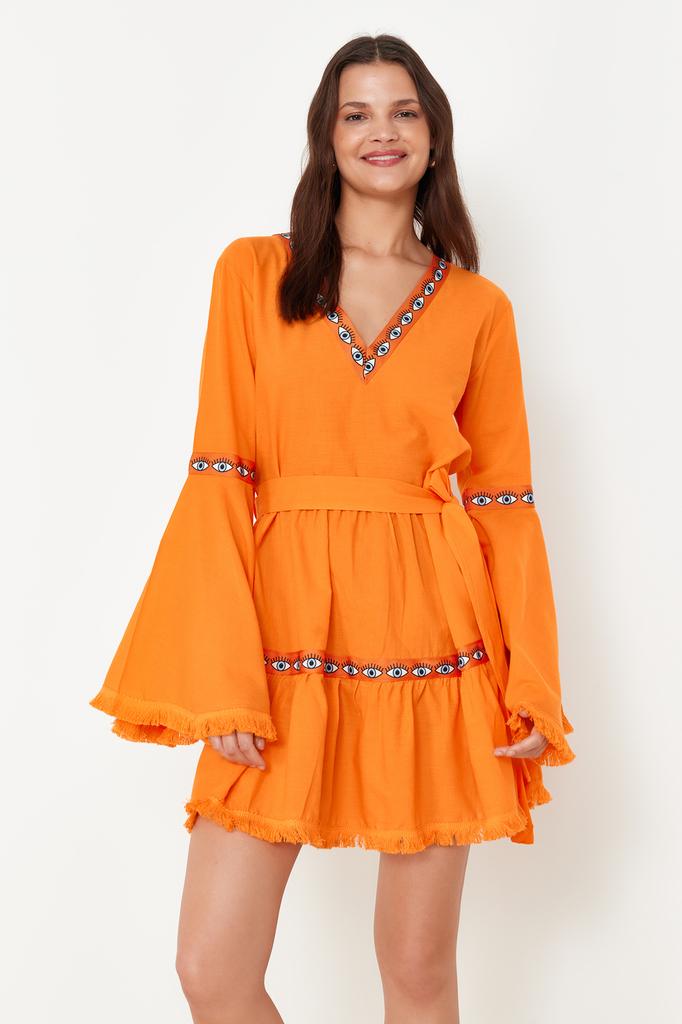 Women's Fashion New Dress Orange Belted Mini Woven Flounce Beach Dress