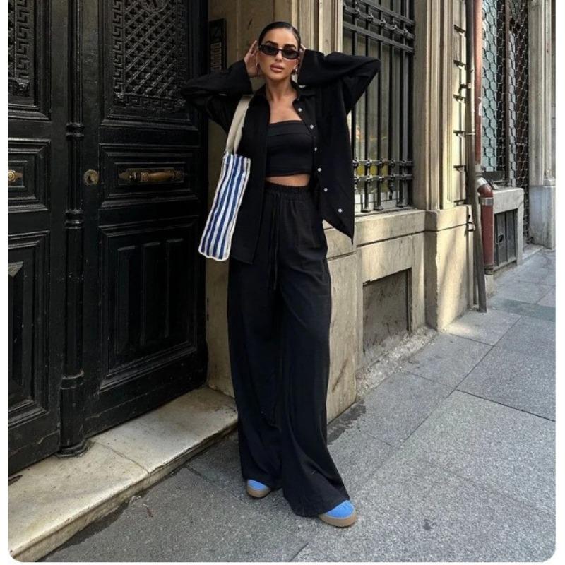 Spring Autumn Women's Plain Single-Breasted Long Sleeve Shirt Wide Leg Trousers Lacing Pants Suit