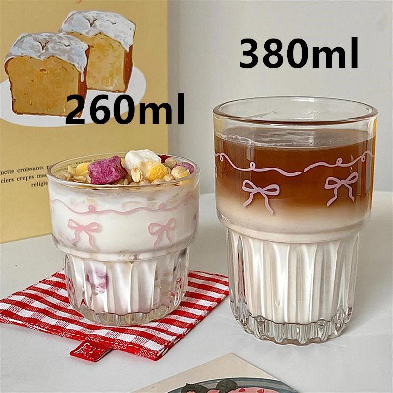 

2 Cups/lot Cute Pink Bow Glass Cup Iced Coffee Mug Home Breakfast Milk Juice Cold Drinks Cup 260ml/380ml Water Tumbler Gift 260-380ml