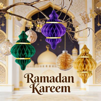 Dekoracje Ramadanowe 2026 Baner Ramadanowy Eid Mubarak 3D Papierowe Lampiony Plaster Miodu Świąteczna Dekoracja Ścienna Muzułmańska Dekoracja Imprezowa DIY