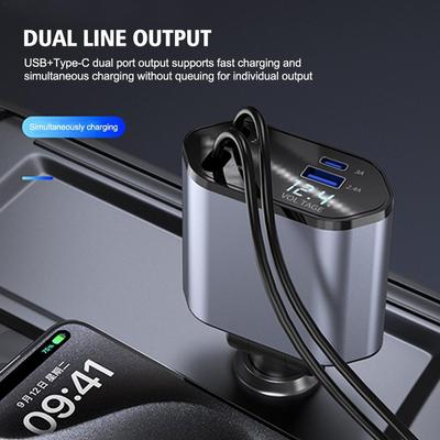 4 in 1 100W PD Autoladegerät Schnelllader mit 2 einziehbaren Kabeln Typ C Schnellladegerät für Auto Voltmeter Leistung für iPhone