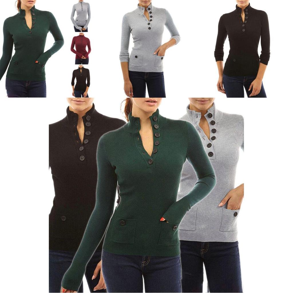Top casual a collo alto a maniche lunghe da donna, maglione in maglia, T-shirt con bottoni, camicetta, in tessuti di alta qualità per il comfort di tutto il giorno