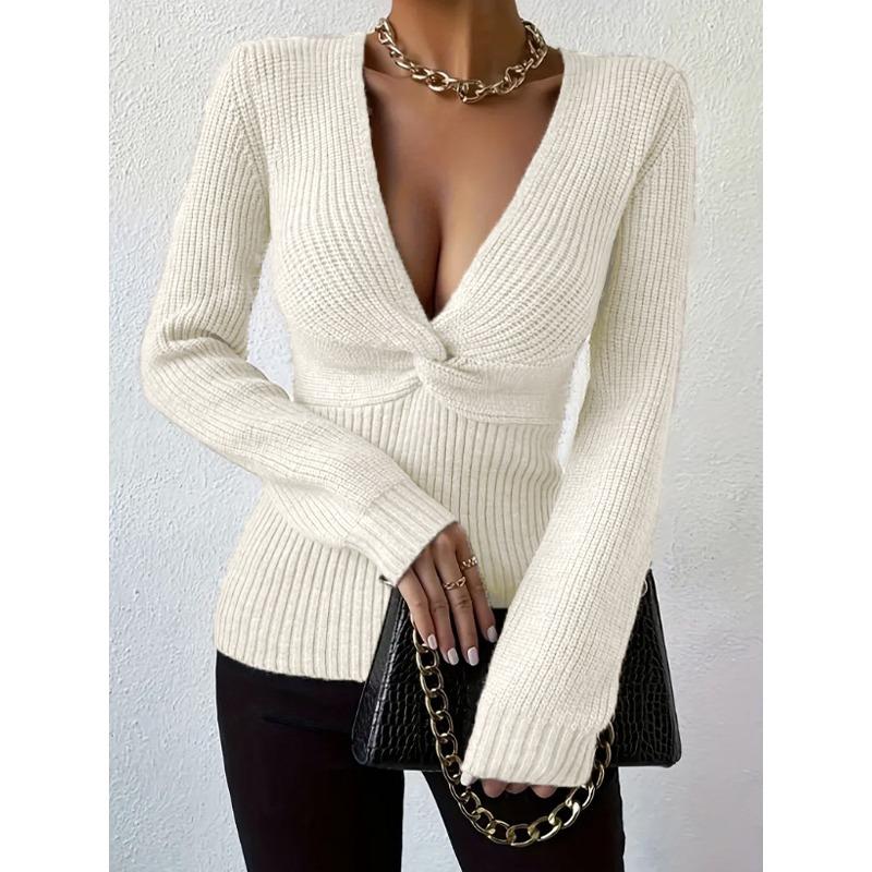 Women S Sexy Deep V Twist Knit Slim Fit Long Sleeve Sweater For Fall Winter