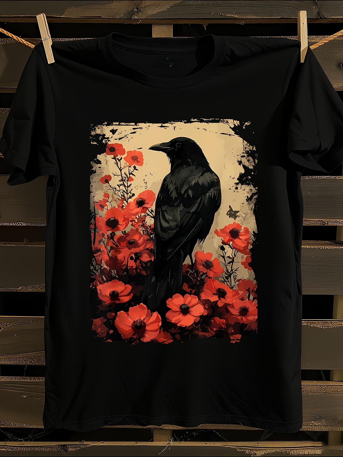 Gothic Raven and Rose Vintage Floral Crow T-shirt XL
