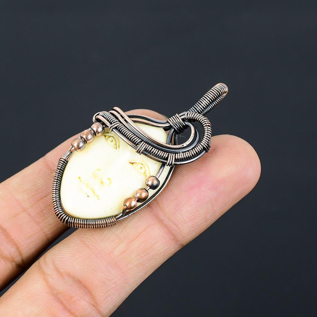 Natural Cameo Face Gemstone Handmade Copper Wire Wrap Pendant 1.97" B7m27