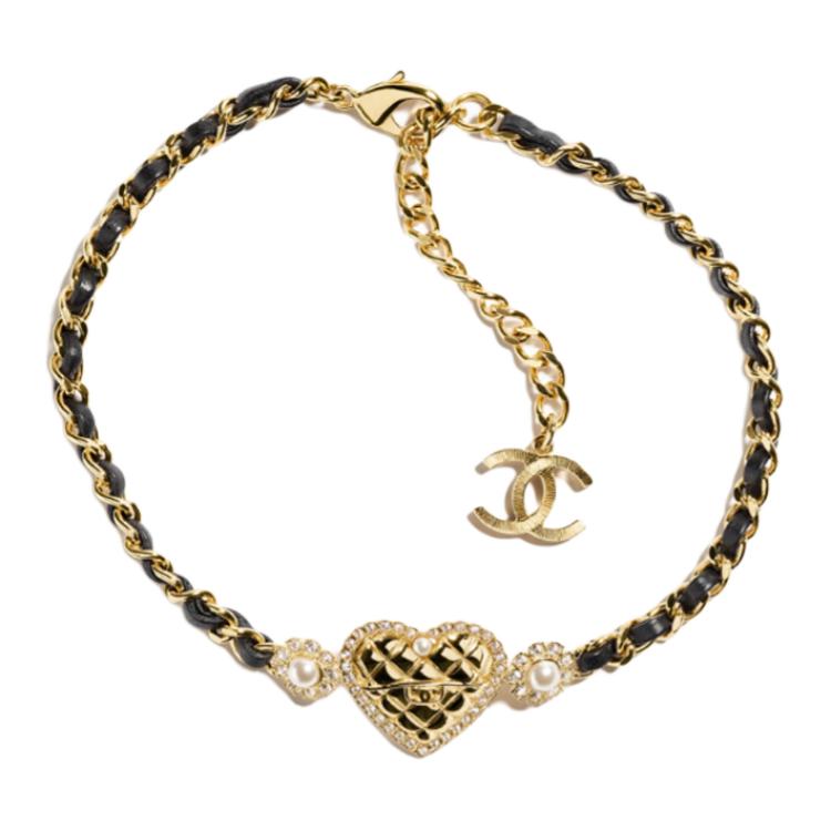 

Chanel 24A Heart Design Metal Lambskin Crystal Glass Pearl Rhinestone Necklace Unisex necklace Black ABC855-B15855-NV516 F,Black