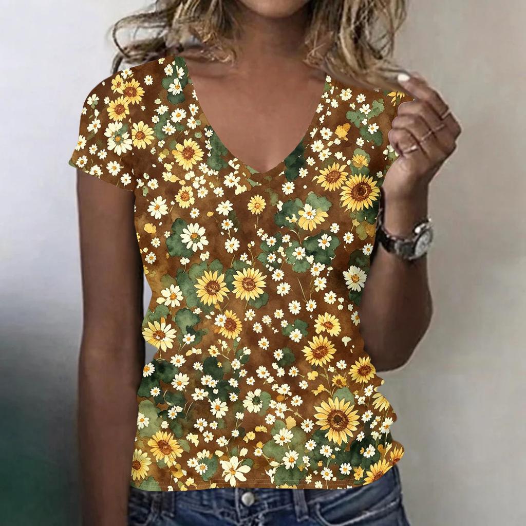 Women Casual V Neck Short Sleeve Floral Print T Shirt Lightweight Soft Fabric Summer Top Comfortable Fit