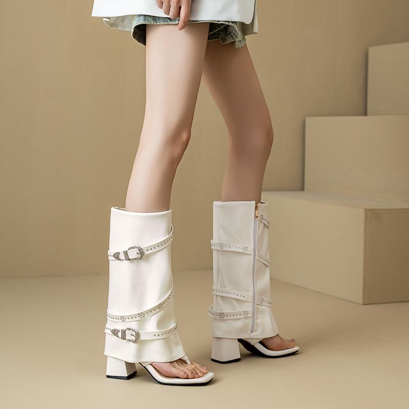 Plus Size Roman Clip Toe High Tube Women's Cool Boots Thin Strap Decal Belt Buckle Zipper Ultra Thick Heel Hollow Sexy Sandals