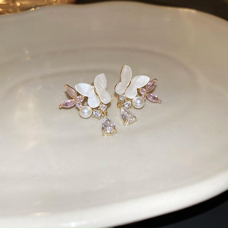 Silver needle butterfly pearl water drop zircon earrings sweet light luxury new stud earrings small fresh earrings wholesale