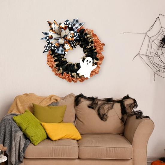 Halloween Ghost Wreath for Front Door Rustic Burlap Wreath with Plaid Bow for Farmhouse Porch Window Wall Decor