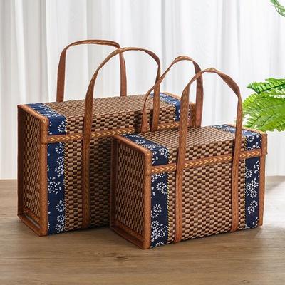 Folding Bamboo Woven Fruit Basket Handheld Handle Fruit Shopping Food Basket Picnic Food Storage Basket For Outdoor